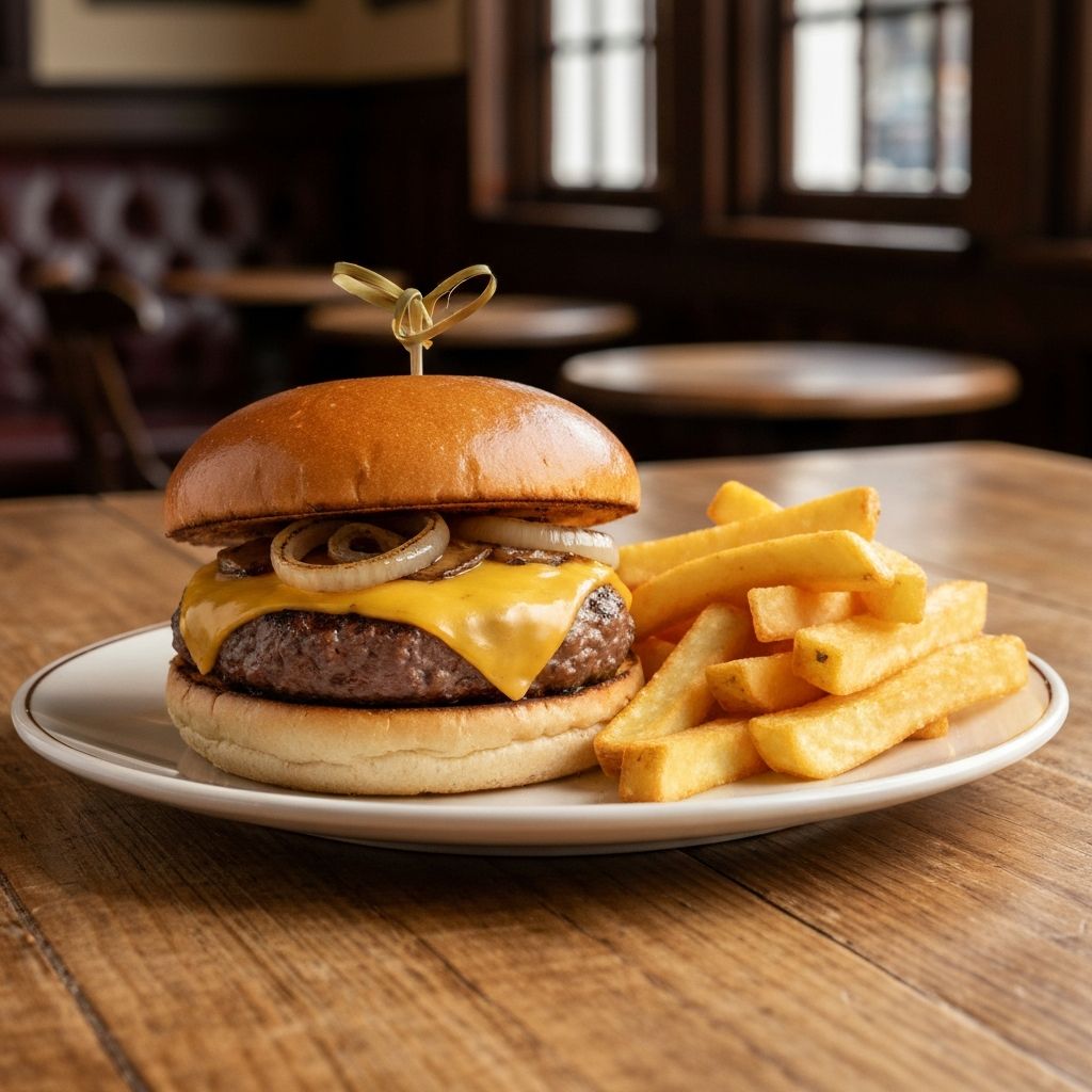 Traditional British pub beef burger with chips